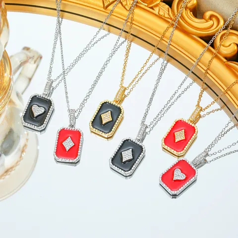 Titanium Steel Enamel Poker Card Square Pendant Necklace Gold Silver Plated Heart Geometric Jewelry Necklace For Women