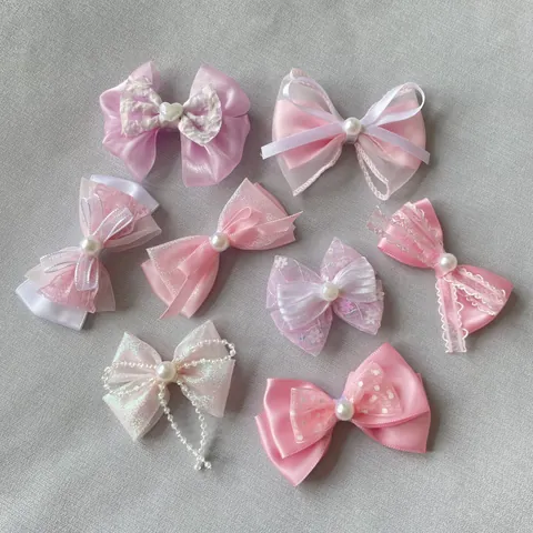DIY Pink Bowknot Ribbon Accessories For Hair Clips Clothes Hats BJD Doll Handmade Gauze Lace Artificial Pearl Embellishment Craft Supplies
