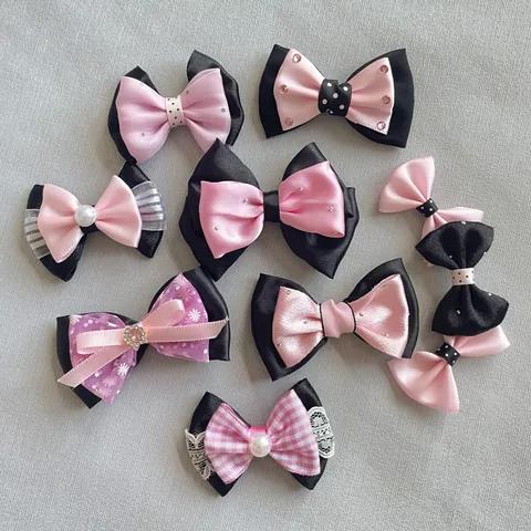 Roze Zwarte Strik DIY Accessoire Satijnen Lint Kant Strikje Met Strass Kunstparel Voor Haarspeld Tas Sleutelhanger Huisdier Decoratie