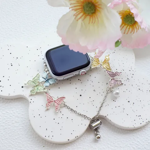 Colorful Butterfly Metal Chain Strap Compatible With iWatch Artificial Pearl Pendant Sweet Fashion Women Bracelet Smart Watch Band
