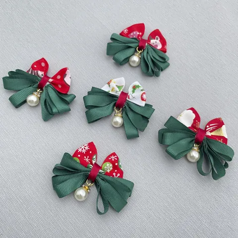 Christmas Grosgrain Ribbon Hair Bows With Faux Artificial Pearl Rhinestone Charm Snowflake Reindeer Pattern Festive Hair Accessories