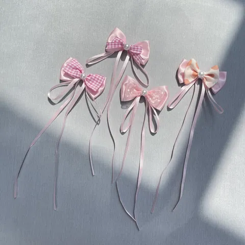 Pink Satin Bowknot With Faux Artificial Pearl Long Ribbon DIY Accessories For Hair Clip Clothing Pet Toy Decoration Sweet Style