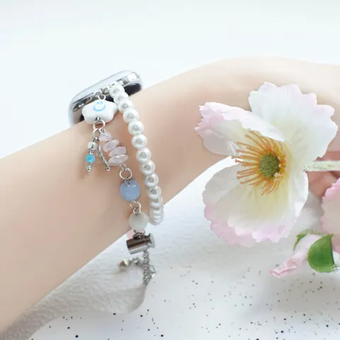Handmade Beaded Smartwatch Strap With Imitation Artificial Pearl Crystal Cloud Smiley Charm Sweet Bracelet Adjustable Watch Band