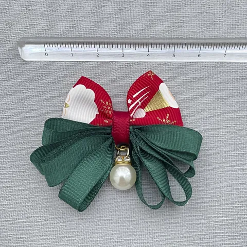 Christmas Grosgrain Ribbon Hair Bows With Faux Artificial Pearl Rhinestone Charm Snowflake Reindeer Pattern Festive Hair Accessories