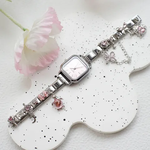 Mode Quadratische Damen Quarzuhr Mit Italienischem Charm-Armband Hängeanhänger Edelstahlband Schmuck Armbanduhr