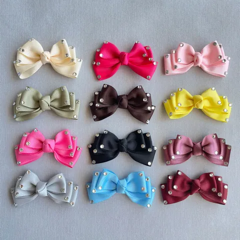 Handmade 3D Grosgrain Ribbon Bow Hair Clips With Rhinestones For Women Girls DIY Doll Clothes Pet Headwear Hair Accessory