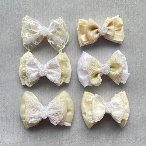 Handmade Beige Fabric Bow DIY Accessories With Lace Satin Resin Rose For Hair Clip Clothing Shoe Decoration Sweet Ribbon Bowknot