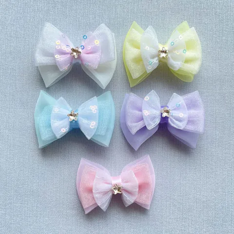 Handmade Multi-Layer Mesh Bow DIY Accessories With Colorful Sequins And Star Rhinestone For Hair Clips Clothing Decor