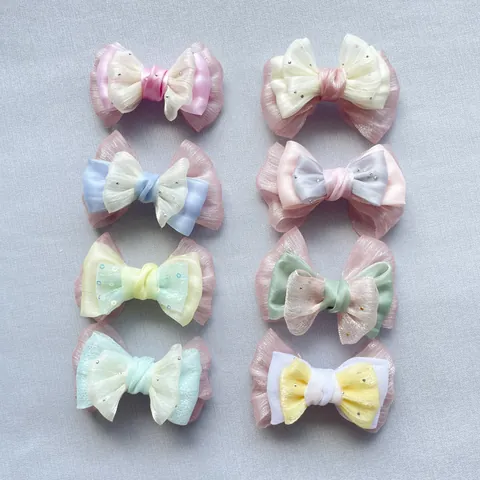 Accessori DIY Fiocco in Organza Multistrato Fatto a Mano per Decorazione Mollette Vestiti Scarpe Colore Macaron Paillettes Strass Fiocco in Tessuto