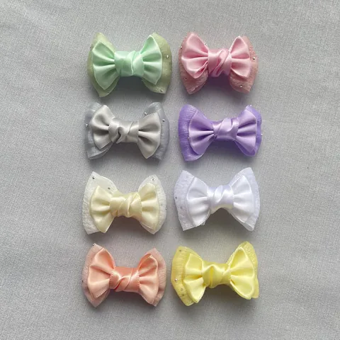 Handmade Double Layer Satin Bowknot Accessories With Mesh Rhinestone For DIY Hair Clips Clothing Shoes Bag Decoration