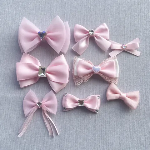 DIY Pink Bowknot Accessories For Hair Clips Bags Doll Decoration Handmade Ribbon Chiffon Lace Bows With Rhinestone Heart Gem
