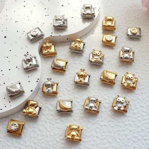 DIY Stainless Steel Italian Charm Links For Modular Bracelets Bear Croissant Doughnut Flower Pattern Gold Silver Metal Bracelet Accessory