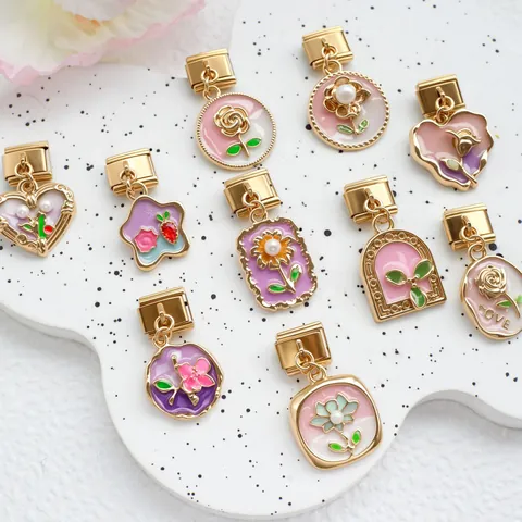 Vintage Stainless Steel Italian Charm Bracelet Links DIY Enamel Flower Heart Animal Pendant For Women Jewelry Making