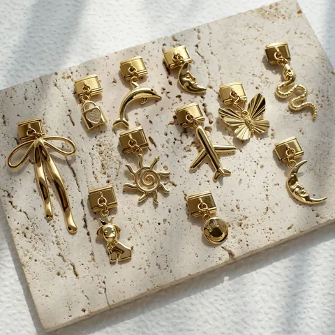 Eslabones de Abalorios Italianos de Acero Inoxidable Chapado en Oro para Pulsera Modular Colgante Perro Delfín Sol Mariposa Joyería DIY