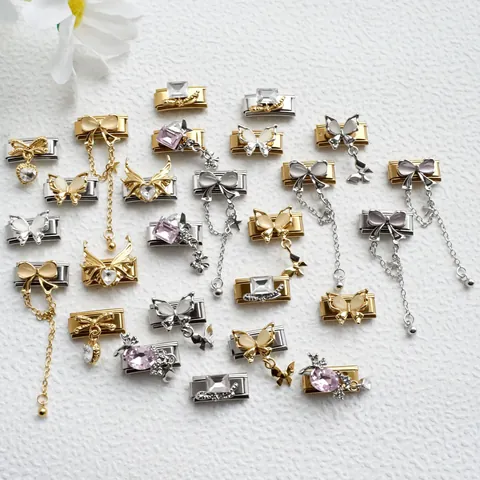 Stainless Steel Italian Charm Link Butterfly Bow Heart Wings Bracelet Charms For DIY Jewelry Making Women Gold Silver Plated Zirconia Rhinestone Pendant Links