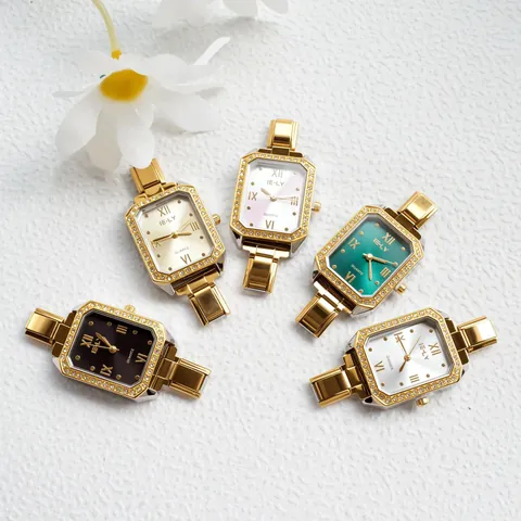 Women Square Quartz Watch Rhinestone Gold Plated Stainless Steel Strap Fashion Roman Numerals Elegant Wristwatch Jewelry