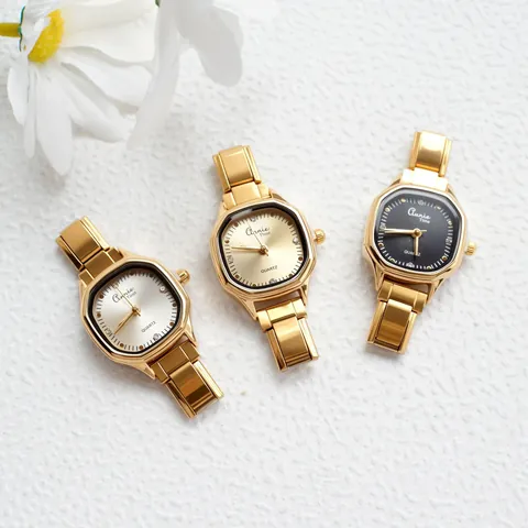 Vrouwen Vintage Tonneau Quartz Horloge Luxe Verguld Roestvrij Stalen Band Sunray Wijzerplaat Strass Markeringen Elegante Dames Sieraden