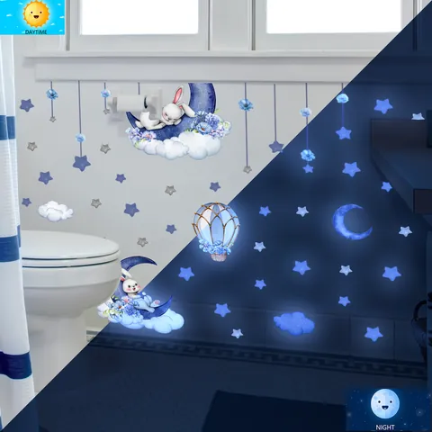 Adesivi Murali Luminosi Cartone Animato Luna Coniglio Stelle Mongolfiera Brilla Al Buio Decalcomanie Per Camera Bambini