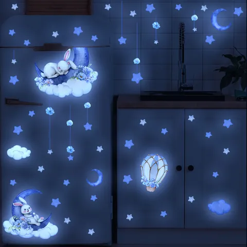 Adesivi Murali Luminosi Cartone Animato Luna Coniglio Stelle Mongolfiera Brilla Al Buio Decalcomanie Per Camera Bambini