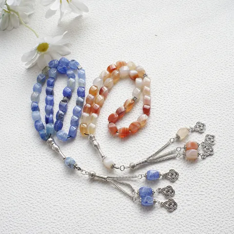 Rosario Tasbih Étnico de Ágata Hecho a Mano con Cuentas de Ágata Redondas y Colgante de Borla de Metal Joyería Religiosa Unisex