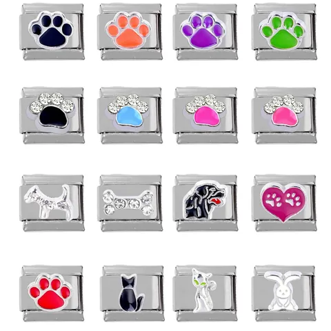 304 Stainless Steel Italian Charm Links Dog Paw Enamel Heart Cat Bone Modular Bracelet Charms DIY Jewelry Accessories