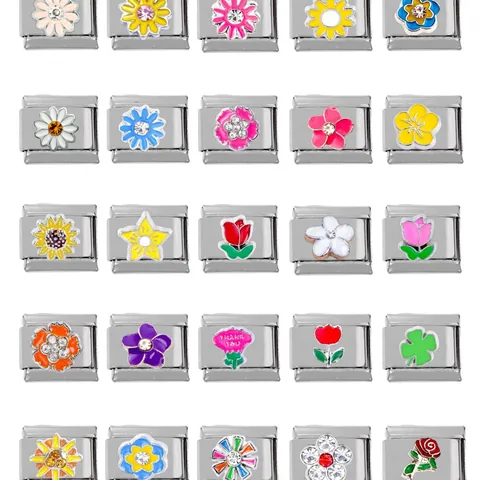 304 Stainless Steel Flower Italian Charm Links For DIY Bracelet Jewelry Making Enamel Rhinestone Daisy Rose Sunflower Charm Accessories