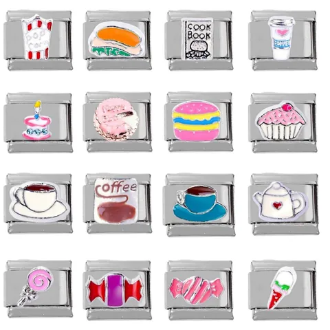 Italian Charm Links 304 Stainless Steel DIY Modular Bracelet Accessories Enameled Food Drink Hamburger Coffee Pattern Jewelry Finding