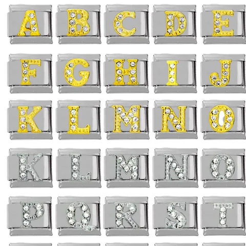 Modulo Lettera Fai Da Te In Acciaio Inossidabile 304 Italian Charm Alfabeto Strass Intarsiato Oro Argento Ciondoli Per Bracciali Accessori Gioielli