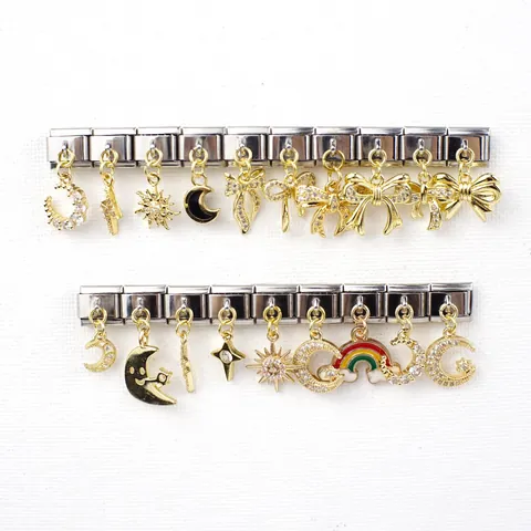 Italienische Charm Links Edelstahl Modular Armband DIY Schmuck Zubehör Gold Vergoldet Legierung Zirkonia Mond Schleife Stern Anhänger Für Damen