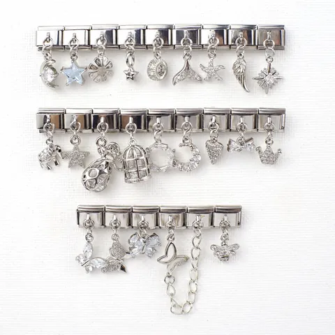 Stainless Steel Italian Charm Bracelet Links Zirconia Dangling Charms Butterfly Star Wing Heart Modular Links For DIY Jewelry