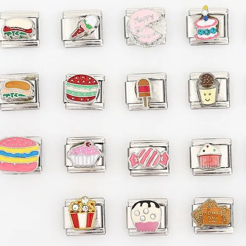 Italian Style Stainless Steel Modular Bracelet Charm Link Colorful Enamel Food Cake Popcorn DIY Jewelry Link For Unisex