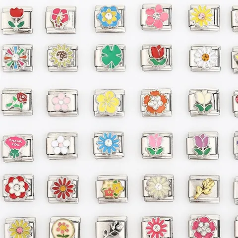 Italian Charm Bracelet Link Stainless Steel Floral Flower Enamel Drip Oil Charm Module For DIY Bracelet Jewelry Making Accessory