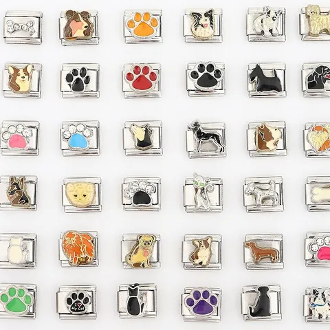 Italian Charms Stainless Steel Modular Bracelet Link For DIY Jewelry Cute Dog Cat Paw Print Bone Pattern Enamel Charm Link