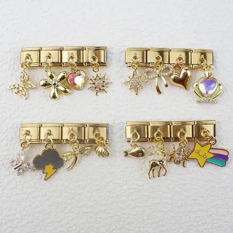 Gold Plated Stainless Steel Italian Charm Dangle Bracelet Modules Heart Butterfly Dragonfly Flower Enamel Rhinestone DIY Jewelry