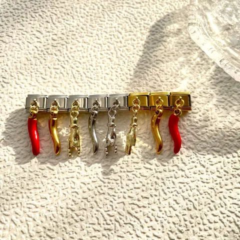 Italian Modular Bracelet Charm Link Stainless Steel Cornicello Red Chili Horns Sign Pendant Jewelry Accessory For Men Women DIY Assembly Bracelet