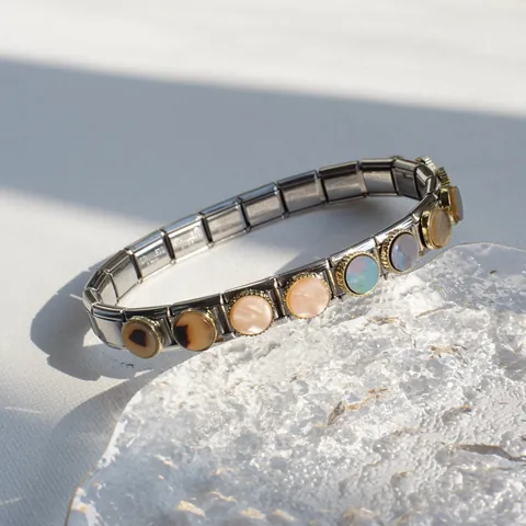 Italian Style Charm Bracelet Link Stainless Steel Modular DIY Jewelry Round Shell Inlay Modular Bracelet Band For Men Women