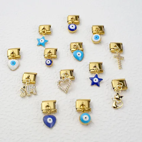 Italienische Charm-Elemente Edelstahl Vergoldet Böser Blick Herz Elefant Kreuz Katze Für DIY Armband Schmuck Modulares Element