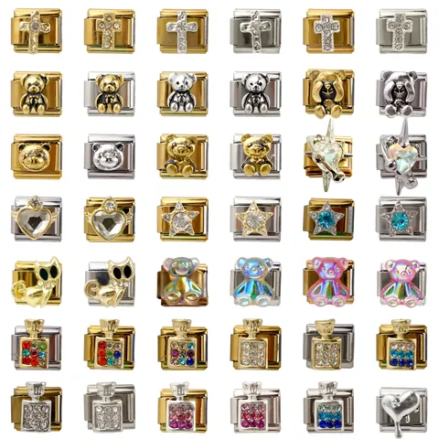 Moduli per Bracciali Italian Charms in Acciaio Inossidabile Componenti DIY Gioielli Orsetto Gatto Croce Cuore Stella Bottiglia di Profumo Strass Zirconia Oro Argento Metallo Maglia per Donna Uomo