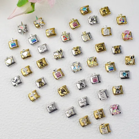 Moduli per Bracciali Italian Charms in Acciaio Inossidabile Componenti DIY Gioielli Orsetto Gatto Croce Cuore Stella Bottiglia di Profumo Strass Zirconia Oro Argento Metallo Maglia per Donna Uomo