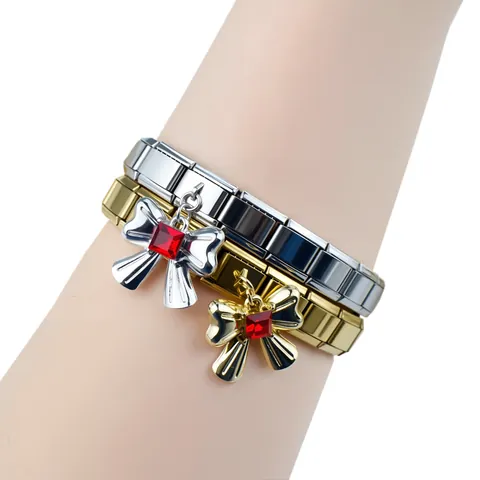 Italian Charm Bracelet Stainless Steel Elastic Modular Wristband With Bowknot Square Zirconia Pendant Women Fashion Jewelry Gift