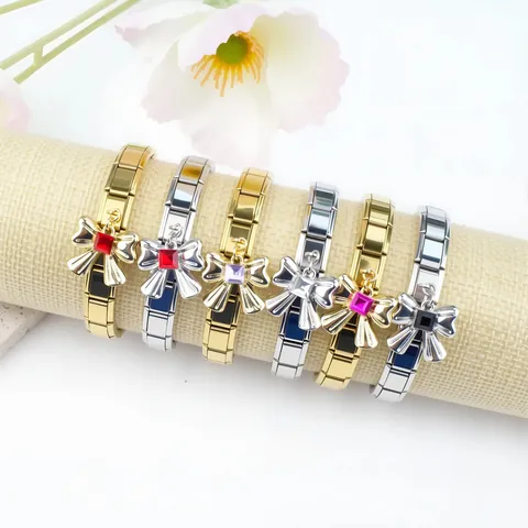 Italian Charm Bracelet Stainless Steel Elastic Modular Wristband With Bowknot Square Zirconia Pendant Women Fashion Jewelry Gift
