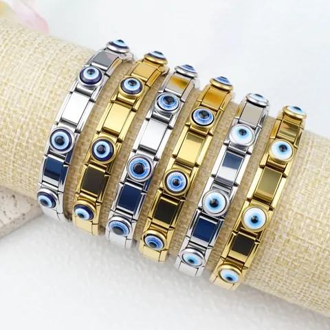 Bracelet à Breloques Italien en Acier Inoxydable Modulaire Mauvais Œil DIY Réglable Plaqué Or Argent Bijoux pour Femmes Hommes