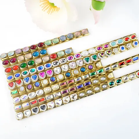 Italienisches Charm-Armband Glieder Vergoldeter Edelstahl Modularer Link Mit Kristall Herz Blume Edelstein DIY Schmuckzubehör