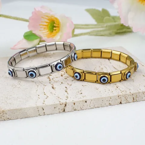 Bracelet à Breloques Italien en Acier Inoxydable Modulaire Mauvais Œil DIY Réglable Plaqué Or Argent Bijoux pour Femmes Hommes