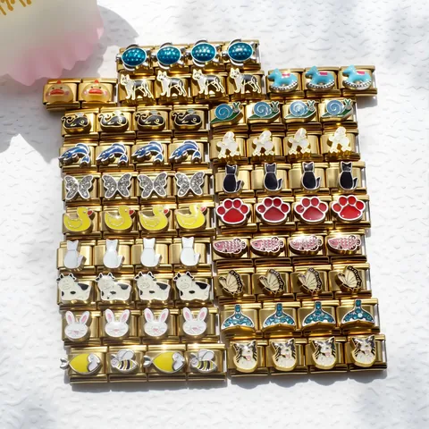 Stainless Steel Italian Modular Charm Bracelet Link Gold DIY Enamel Animal Dog Cat Bee Butterfly Jewelry Making For Unisex