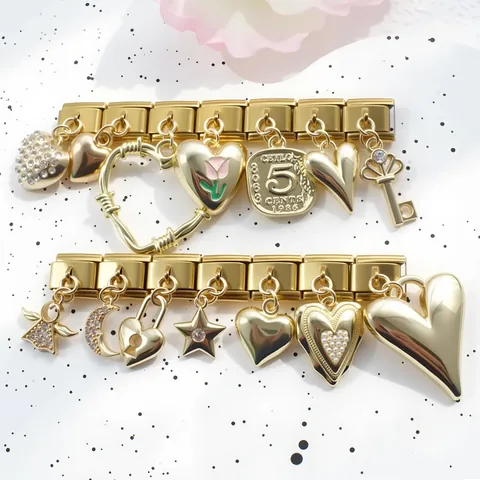 Gold Stainless Steel Italian Modular Charm For Bracelet DIY Heart Angel Star Moon Coin Link Pendant Jewelry Accessories