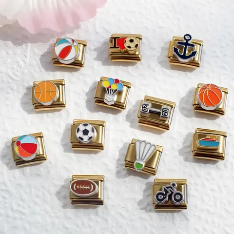 Stainless Steel Italian Charm Modular Bracelet Link DIY Sport Theme Gold Plated Soccer Basketball Anchor For Jewelry Making