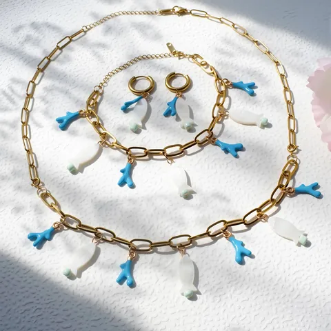 Collezione Gioielli Estate Fresca Lega Acrilico Frutta Mare Collana Bracciale Orecchini Cerchio Ciliegia Fragola Corallo Pesce Pendente