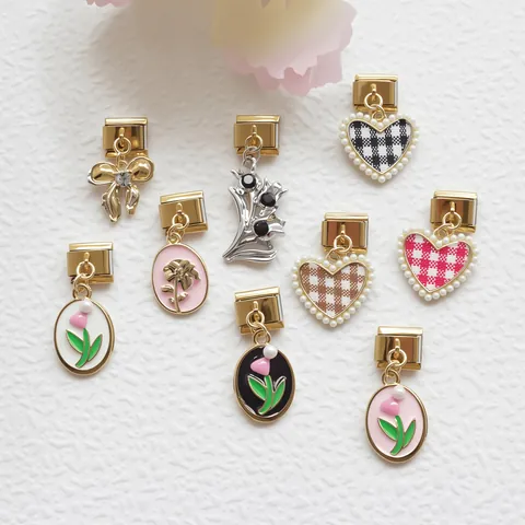 Edelstahl Italienische Charms Armband Glieder Tulpe Blume Herz Gingham Schleife Emaille Charms Für Modulares Armband Schmuck
