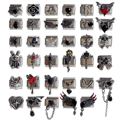 Stainless Steel Italian Charm Link Dark Gothic Bat Heart Spider Skull DIY Jewelry Modular Bracelet Accessory For Men Women